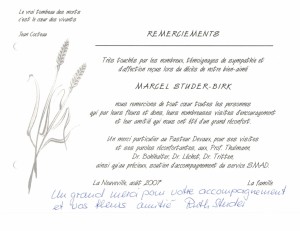 Remerciements décès Marcel Studer-Birk 2007